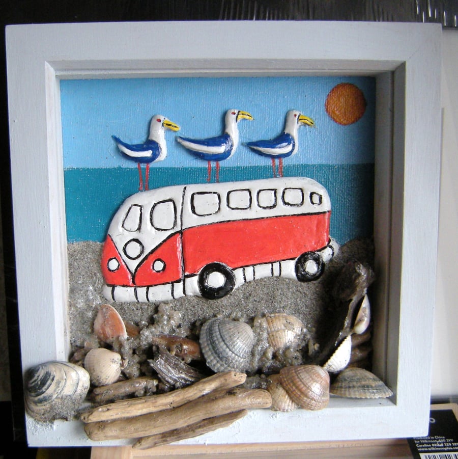 SEAGULLS AND CAMPERVAN CLAY RELIEF PICTURE