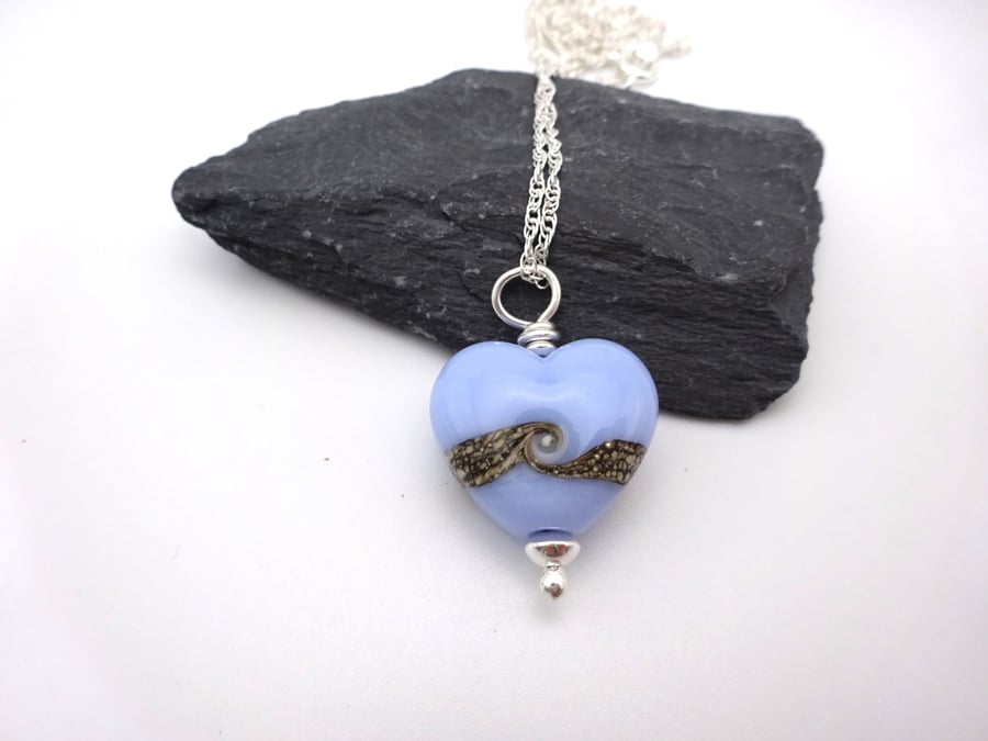 lampwork glass blue heart pendant necklace