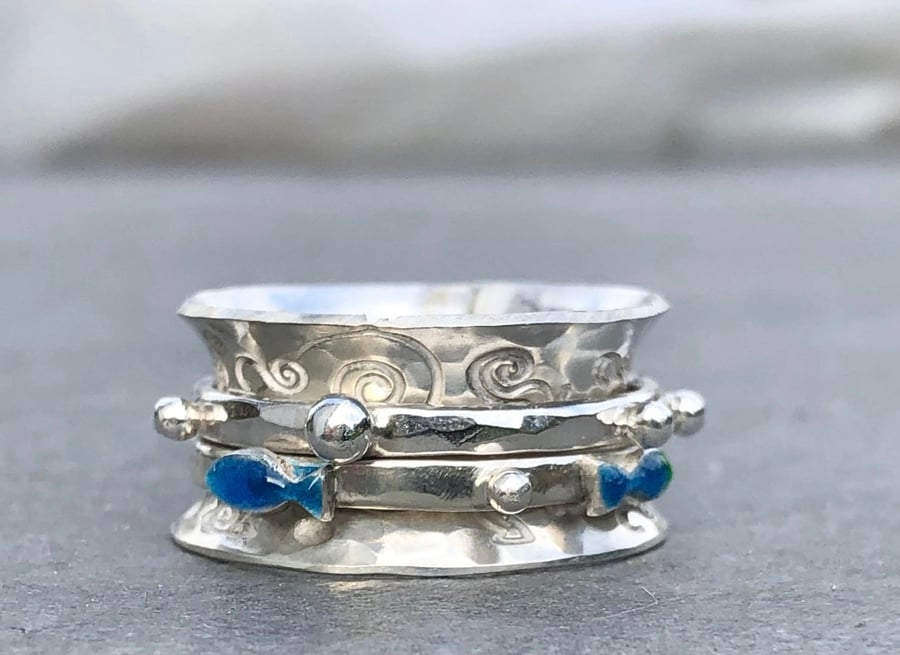Fish Spinner Ring, Enamel Ring, silver spinner ring, fish ring, enamel jewellery