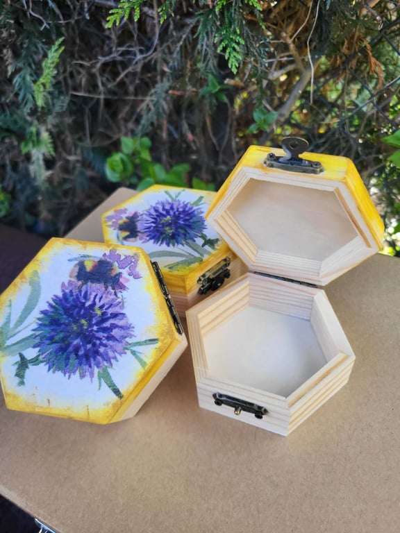 Honey Bee Hexagon Wooden Trinket Box,Lavender Floral Jewellery Storage,small box