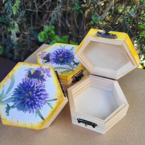 Honey Bee Hexagon Wooden Trinket Box,Lavender Floral Jewellery Storage,small box
