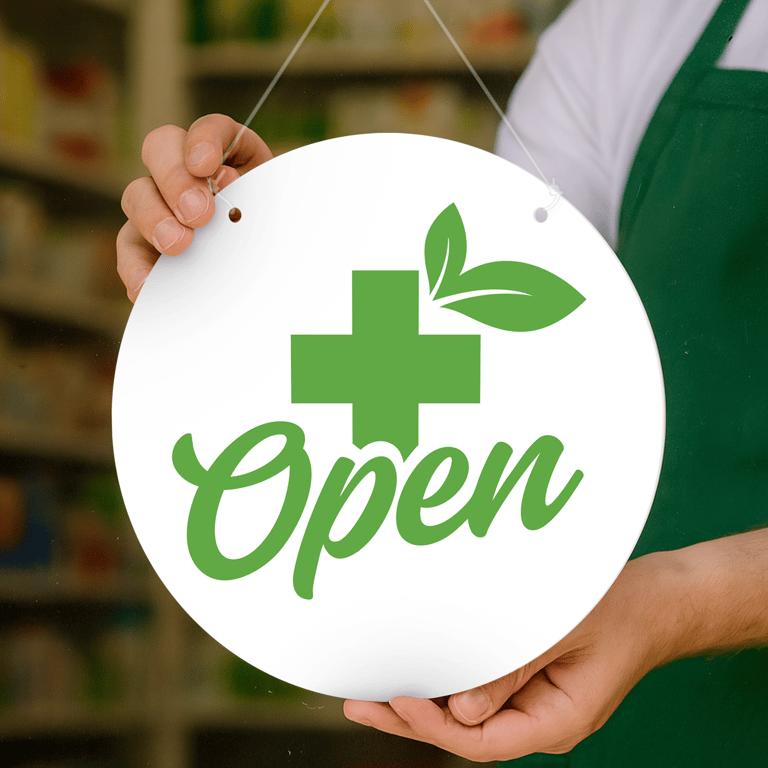 Pharmacy Open & Closed Sign – Script: Hanging Door Sign for Chemist or Clin
