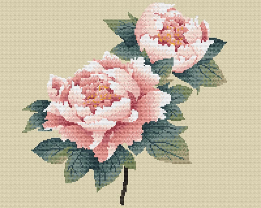 237 - Peony Cross Stitch Pattern: Chinese Ink Painting Style (PDF Counted Chart)