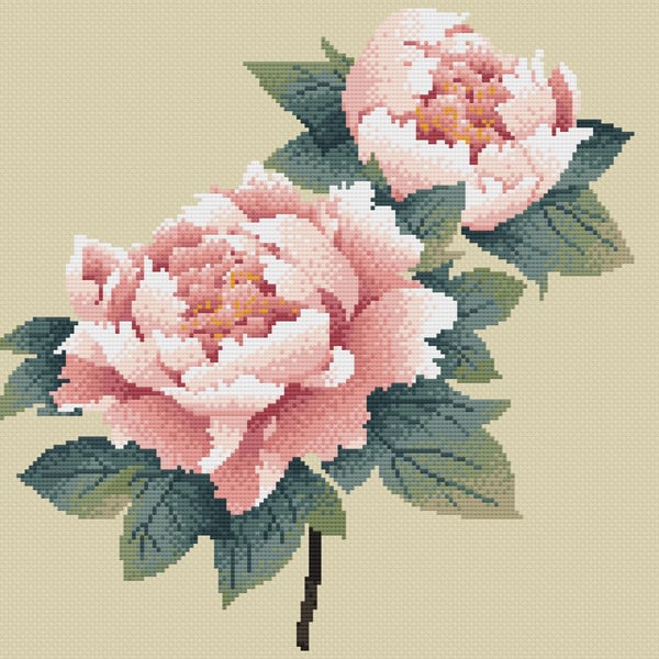 237 - Peony Cross Stitch Pattern: Chinese Ink Painting Style (PDF Counted Chart)
