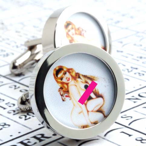 Erotic Pinup Cufflinks Vintage English Pinup Girl with Leopard 
