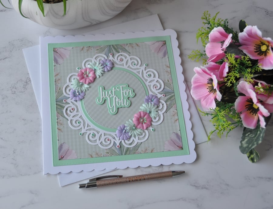 Just for You Birthday Pastel Flowers Pink Purple Green 3D Luxury Handmade Card