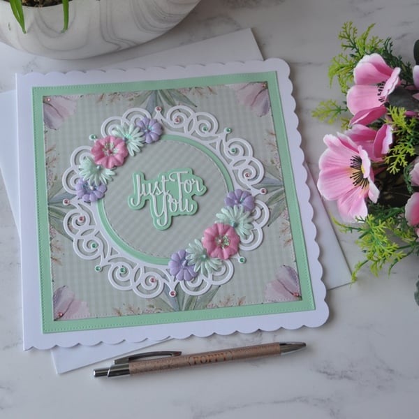 Just for You Birthday Pastel Flowers Pink Purple Green 3D Luxury Handmade Card