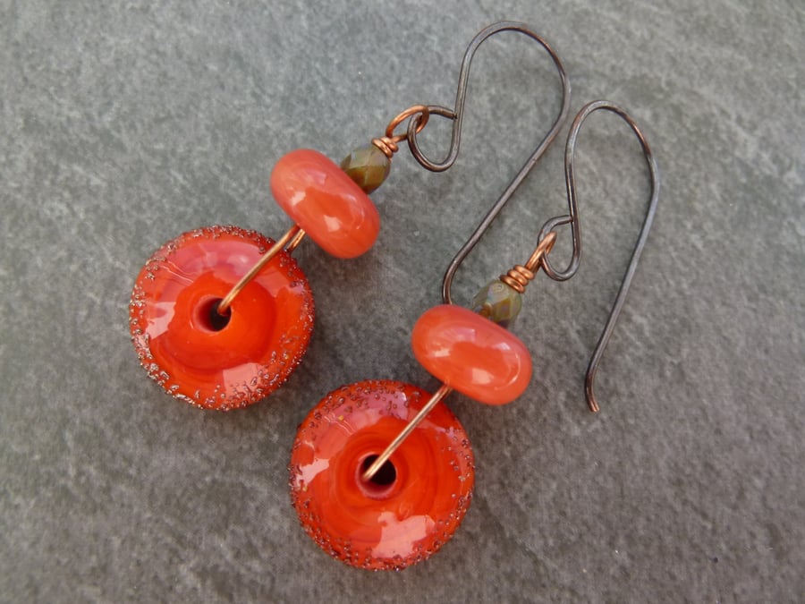 copper and orange lampwork glass earrings