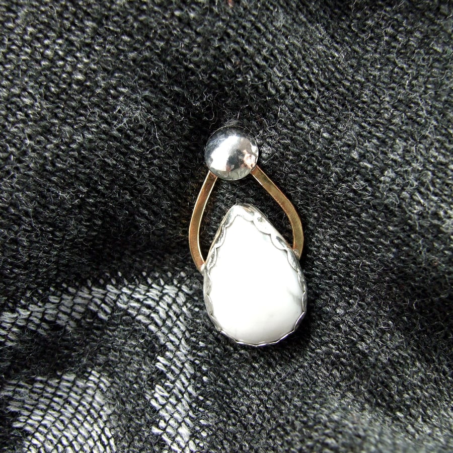 Howlite Teardrop Mixed Metals, Silver, Brass and Copper Brooch