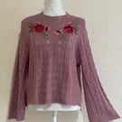Upcycled Reworked Mauve Cable-Knit Sweater with Rose Embroidery – Size XL