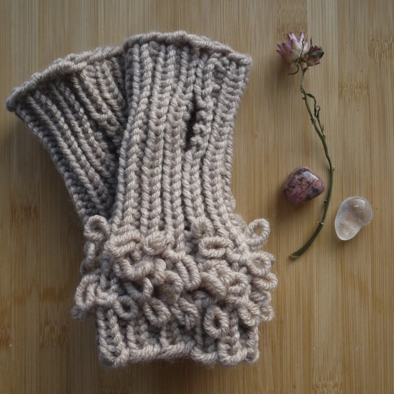 Loom knit Natural fingerless gloves with loop design