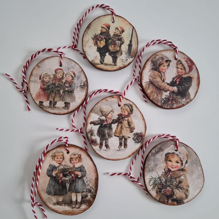 Set of 6 Vintage Christmas Ornaments, Decoupage Wood Slice Baubles