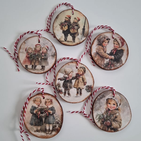 Set of 6 Vintage Christmas Ornaments, Decoupage Wood Slice Baubles