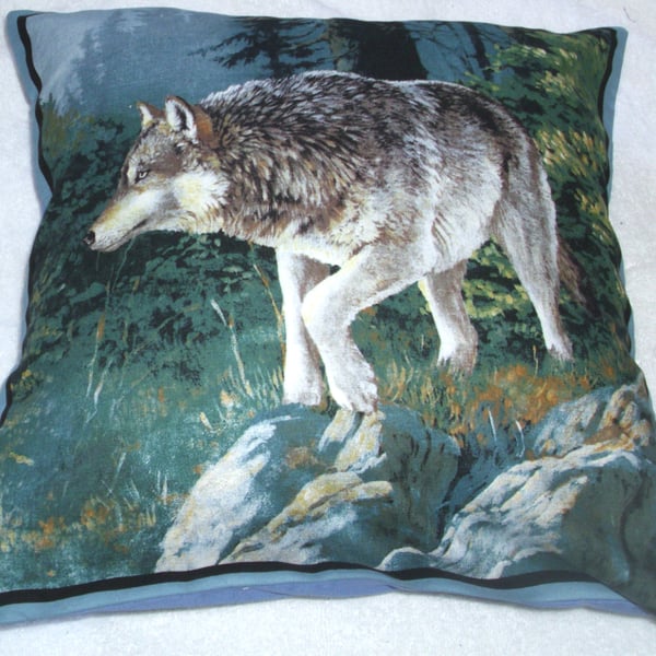 A lone Wolf on a slope in a forest cushion