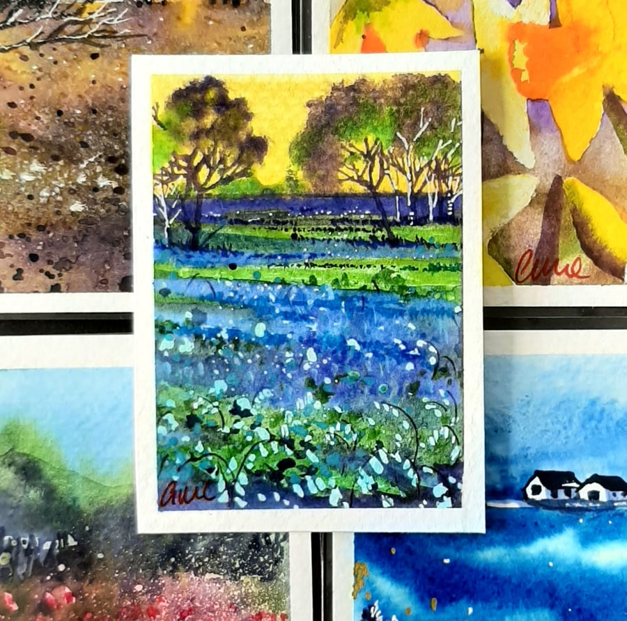 Bluebell Woods Art Trading Card. ACEO Collectible. Original, Unique Small Gift