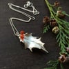 Sterling silver holly necklace - holly necklace with red carnelian beads