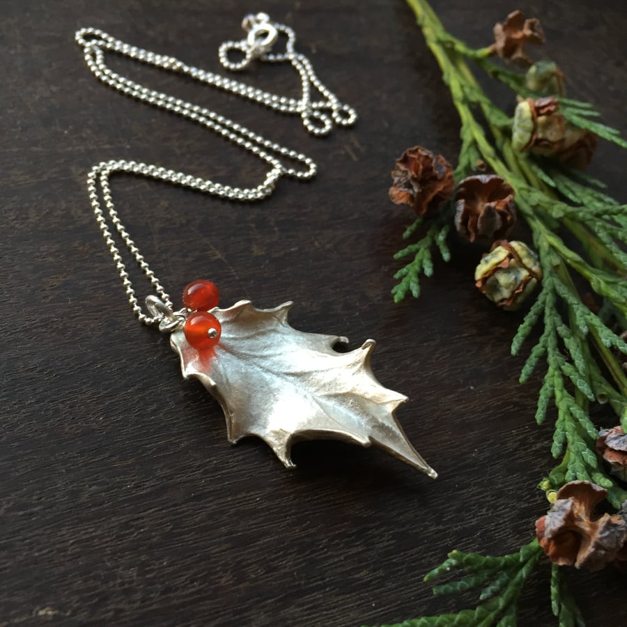 Sterling Silver Holly Leaf Necklace - with red carnelian beads