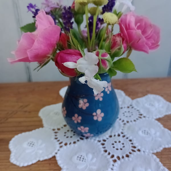 Teal posy vase with cherry blossom design