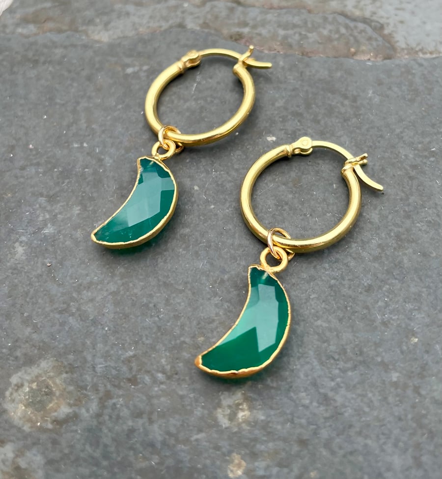 Green Onyx Moons and Vermeil Hoop Earrings