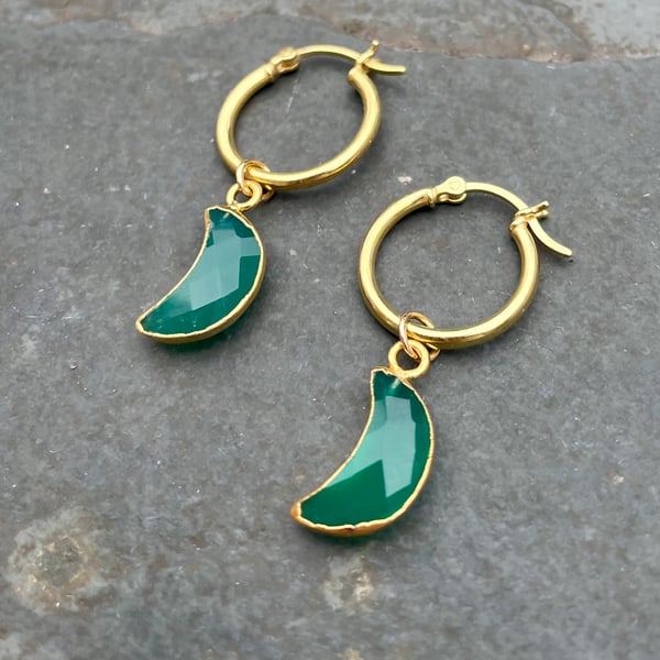 Green Onyx Moons and Vermeil Hoop Earrings