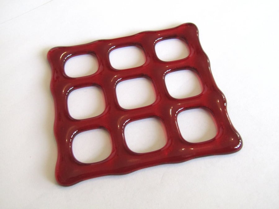 Bright Red Organic Waffle Coaster - Fused Glass