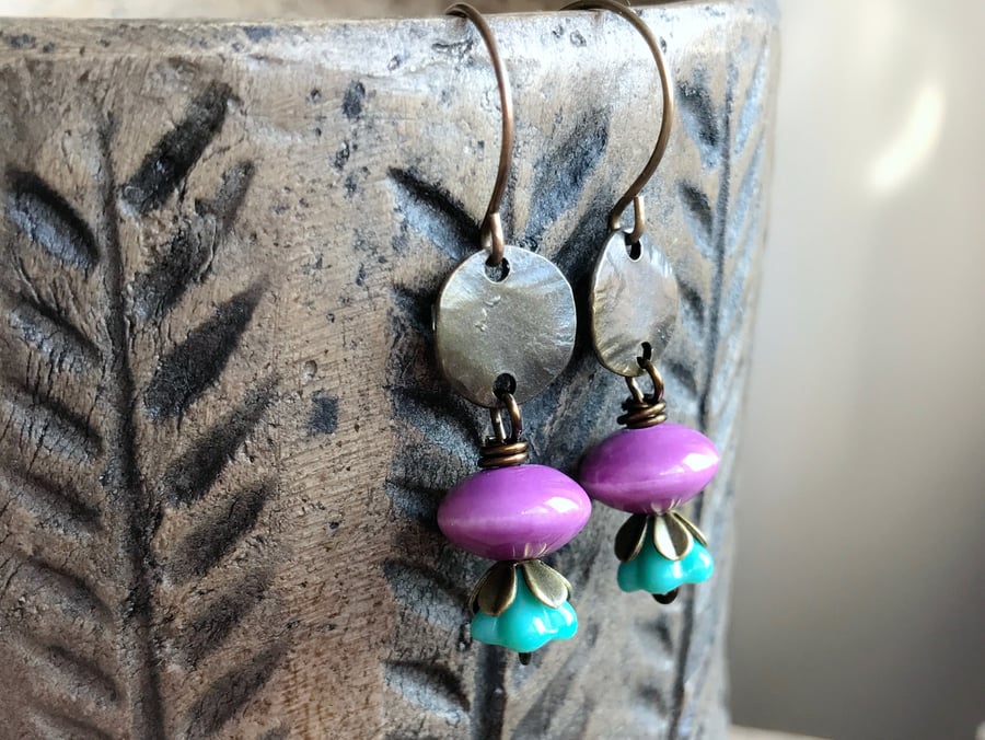 Orchid Pink & Turquoise Earrings. Lightweight Ceramic Earrings. Simple Earrings