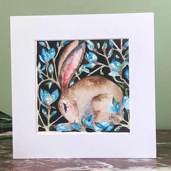 Original Resting Hare Rabbit with Blue Flowers Watercolour 