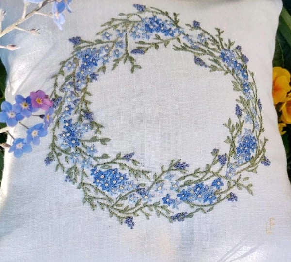 Hand-Embroidered Forget-Me-Not Linen Cushion – Lavender-Filled Floral Sachet