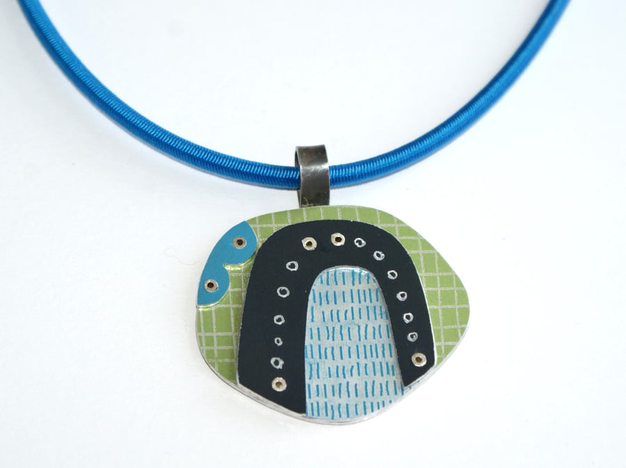 Abstract landscape necklace lime and blue