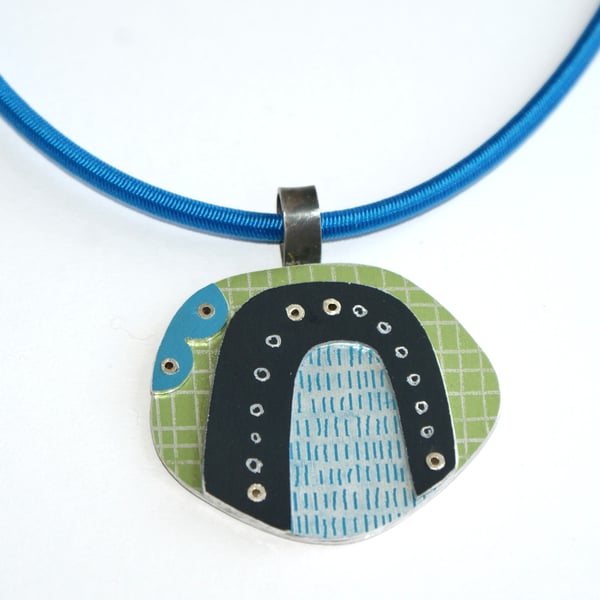 Abstract landscape necklace lime and blue