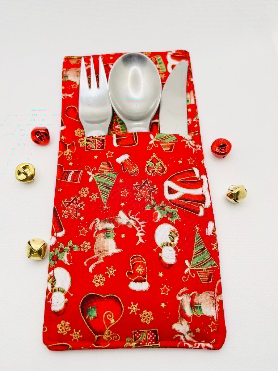 Cutlery Holder for Christmas Dinner Table Lovely Metallic Fabric Place Setting 