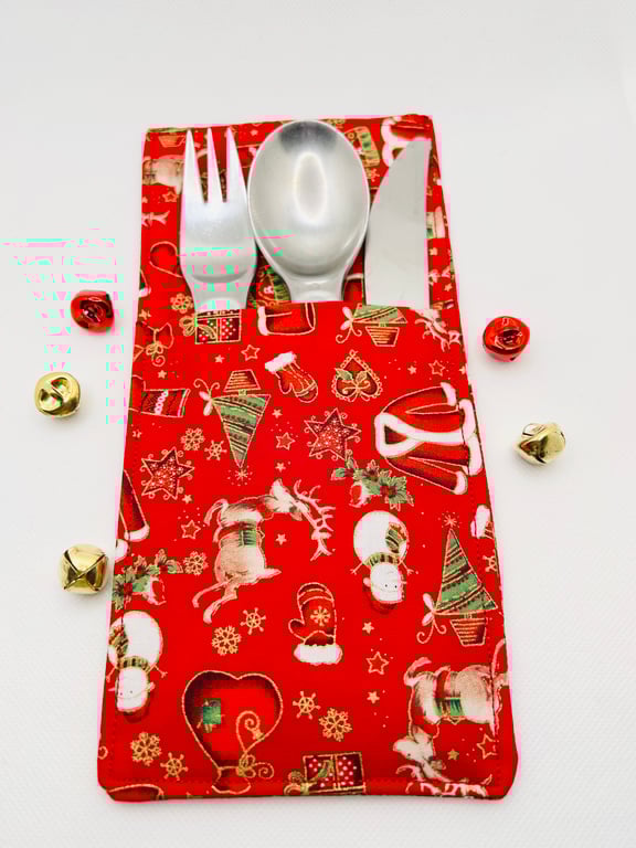 Cutlery Holder for Christmas Dinner Table Lovely Metallic Fabric Place Setting 
