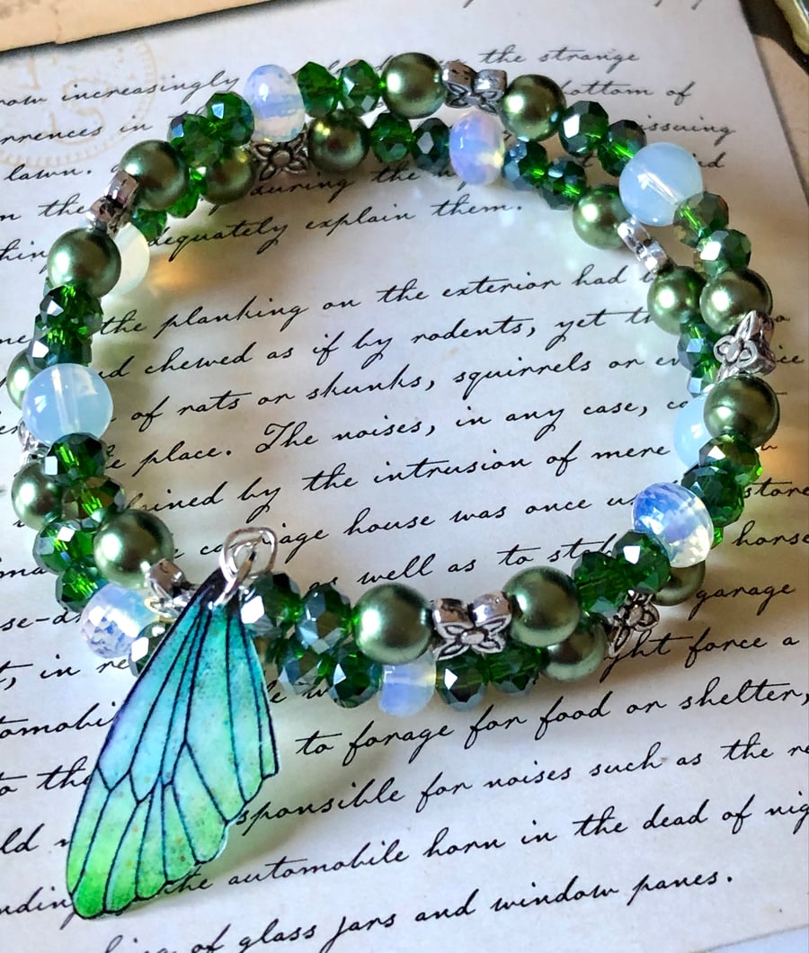 Moonstone Fairy Wing Green Beaded Wrap Bracelet