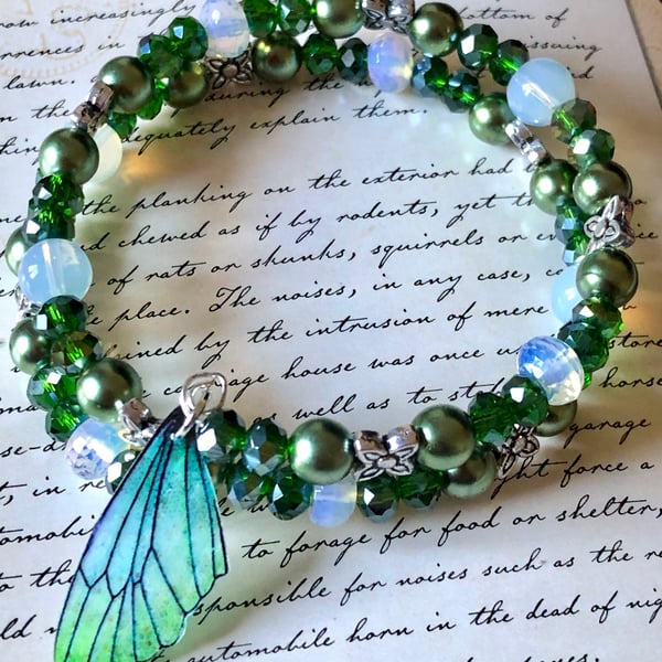 Moonstone Fairy Wing Green Beaded Wrap Bracelet