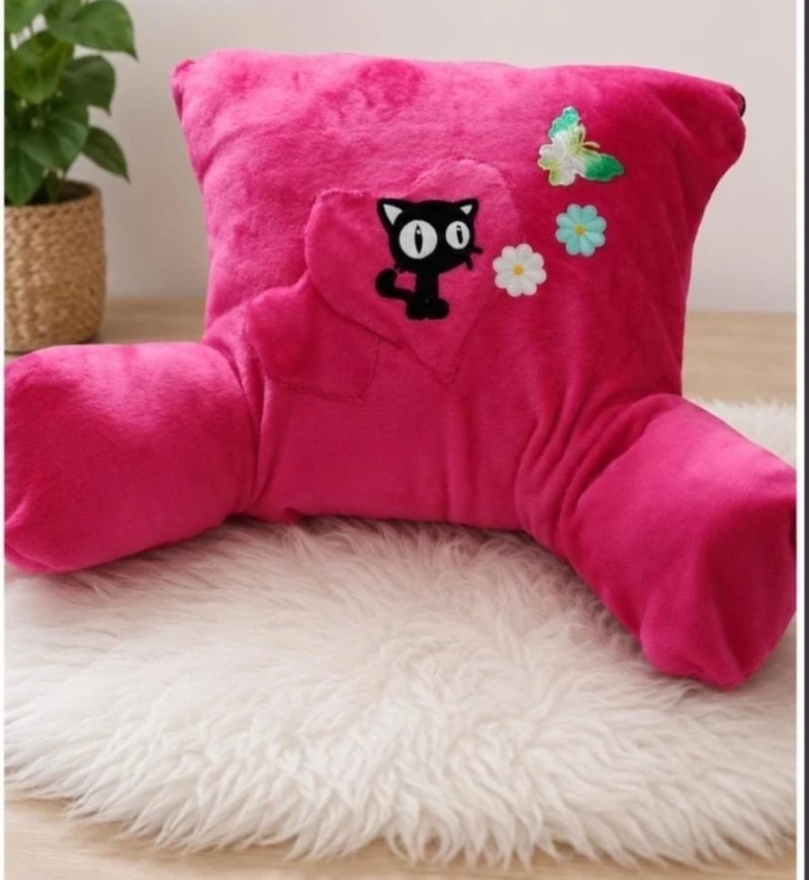 Image of Handmade Pink Cuddle Cushion with Black Cat, Fuchsia Reading Pillow with Arms