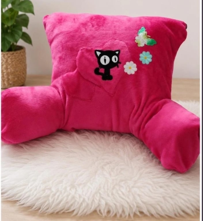 Handmade Pink Cuddle Cushion with Black Cat, Fuchsia Reading Pillow with Arms