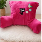Handmade Pink Cuddle Cushion with Black Cat, Fuchsia Reading Pillow with Arms