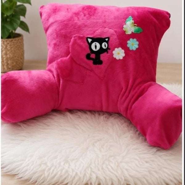Handmade Pink Cuddle Cushion with Black Cat, Fuchsia Reading Pillow with Arms