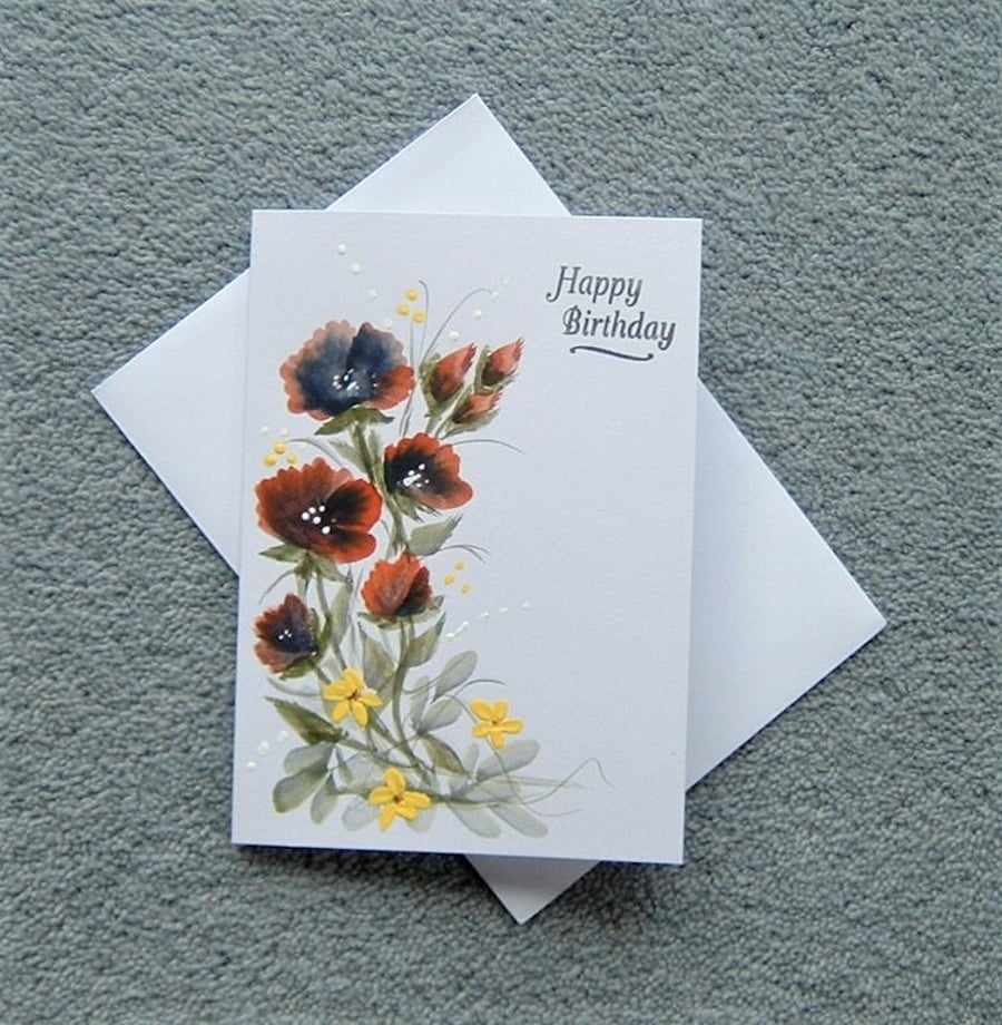 hand painted original art floral Birthday card ( ref F 216 )
