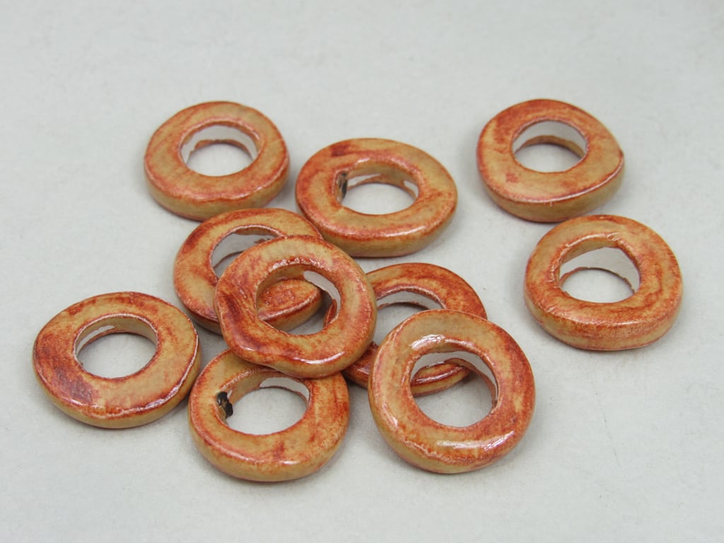 10 Medium Bright Copper Glazed Ceramic Donut Beads