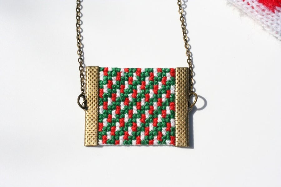 Green, White and Red Christmas Cross Stitch Necklace Seconds Sunday