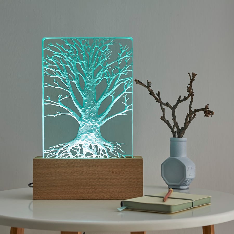 Tree Design Engraved Glass Wood LED Table Light By Tim Carter 