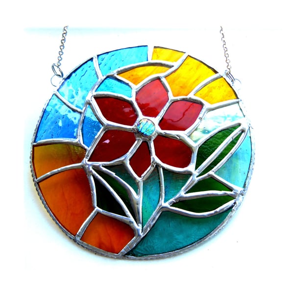 Floral Tropical Ring Stained Glass Suncatcher Vibrant Red Flower Art Gift 