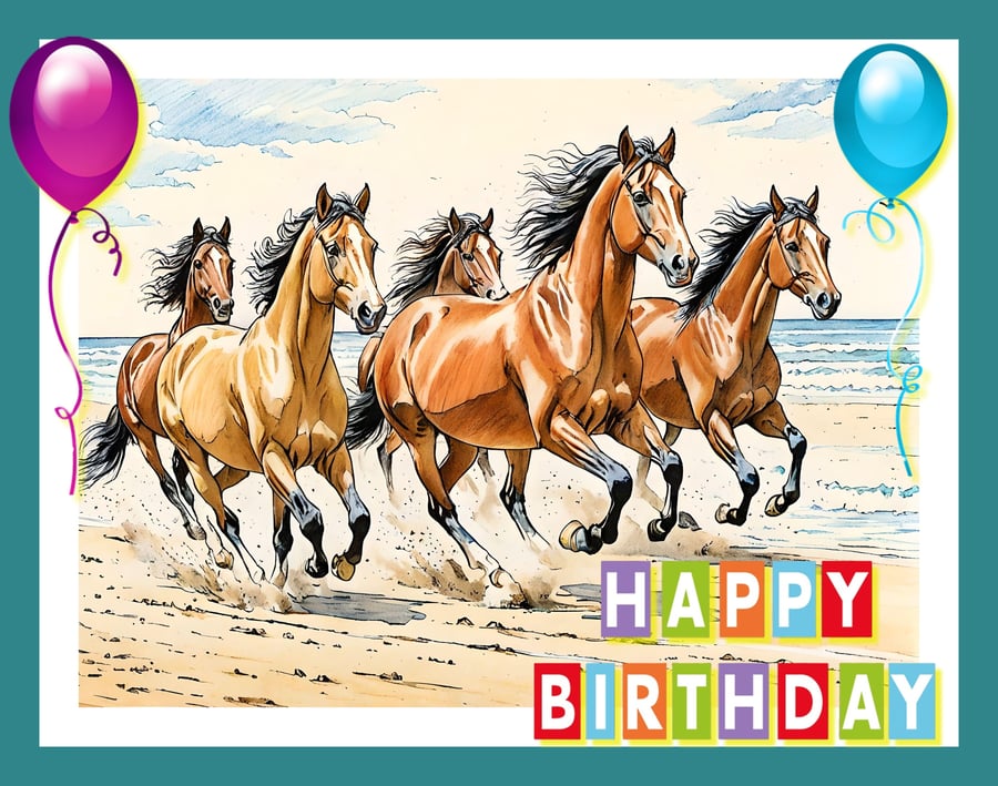 Happy Birthday Horses Running Card A5