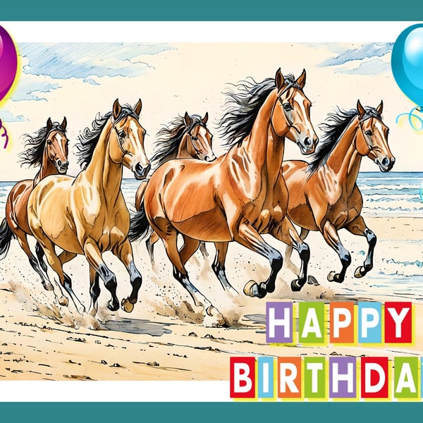 Happy Birthday Horses Running Card A5