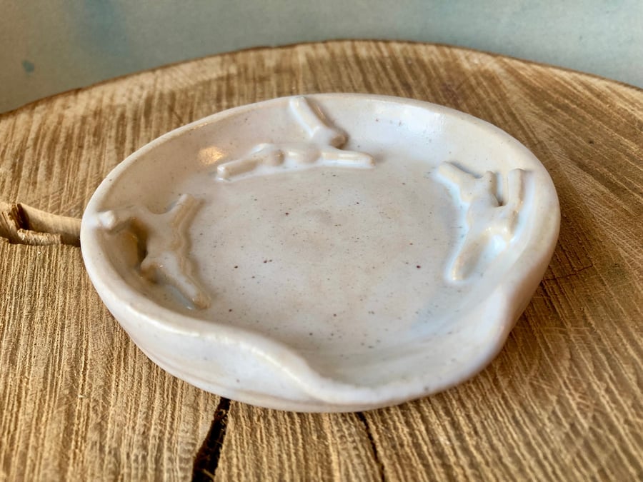 Handmade ceramic spoon rest wheel thrown white hare tea bag holder spoon rest. 