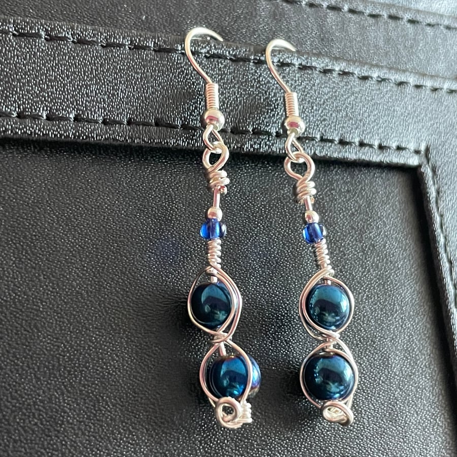 Blue Hematite Earrings in Silver Plated Copper