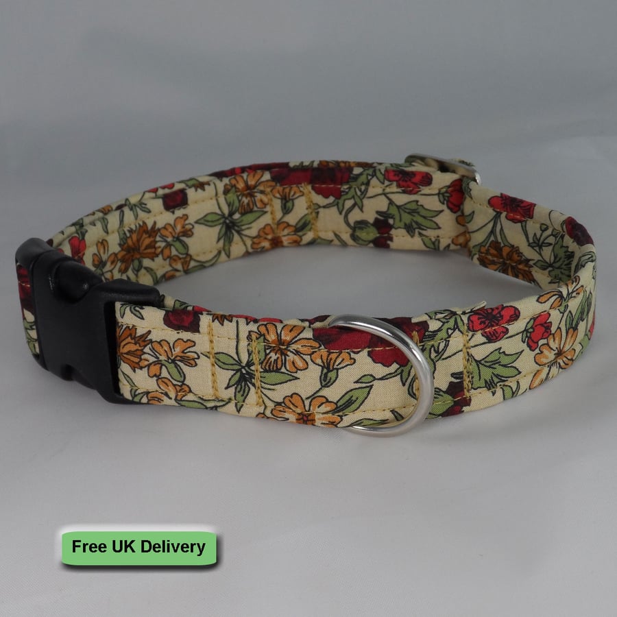 Handmade Liberty Fabric Dog Collar - Cream-Red Poppies 