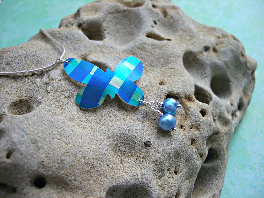 Sale!! Butterfly pendant necklace in blue checks with blue pearls