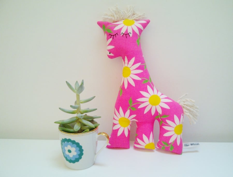 SALE Bright Pink Giraffe Soft Toy in 70's Vintage Fabric, Pop Pink Daisy Animal